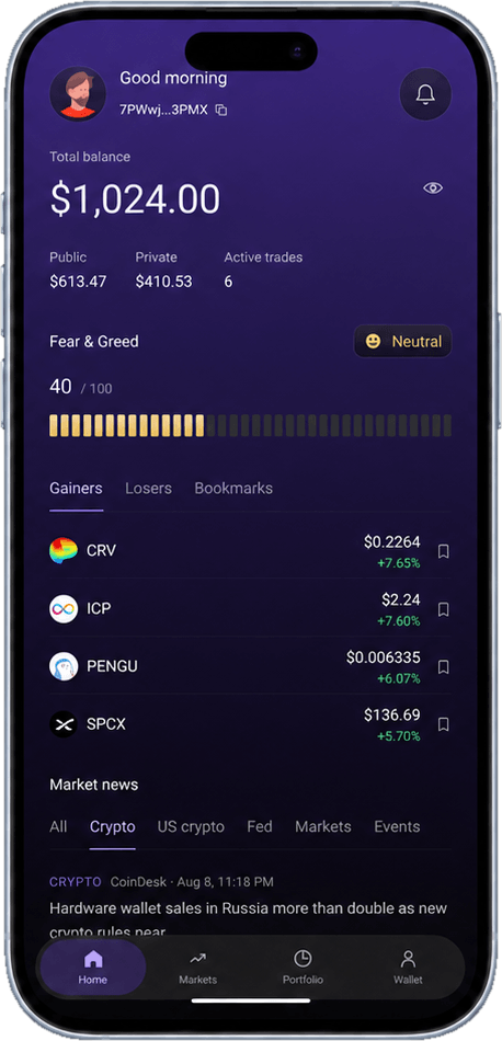 The Perpal home screen, showing total balance, open trade count, a fear and greed gauge, the day's biggest movers with live prices, and market news.